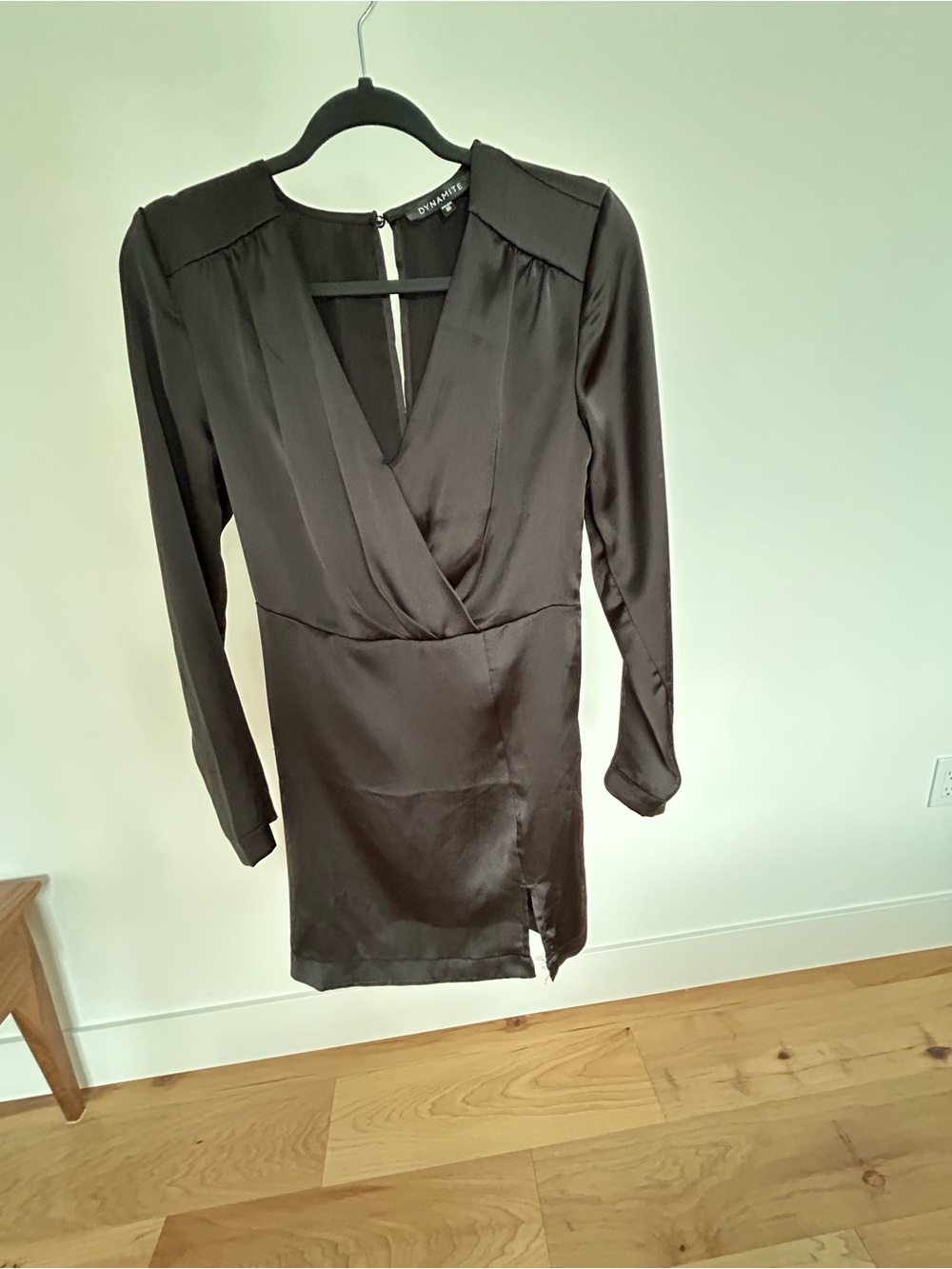 Dynamite Black Satin Long-Sleeve Wrap Dress